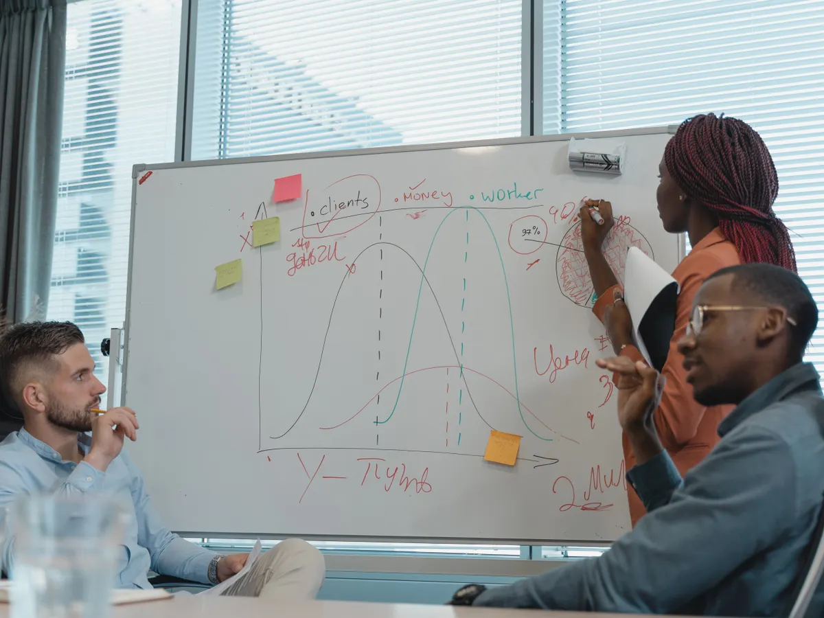Colleagues mapping out a project plan at a whiteboard
